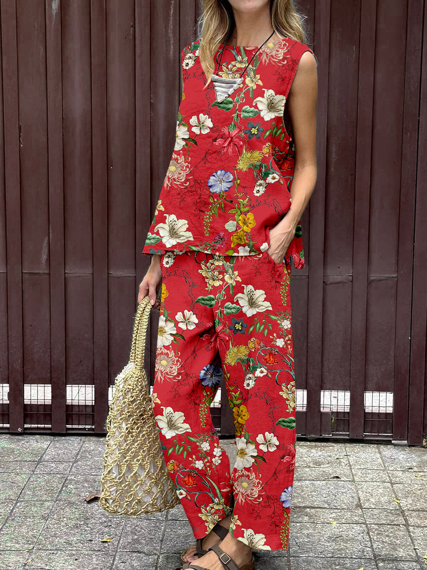 Stylish Printed Sleeveless Top & Pants Two-piece Set
