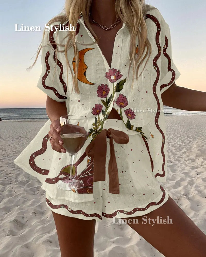 Holiday Flower Print Shirt & Shorts Two-Piece Set