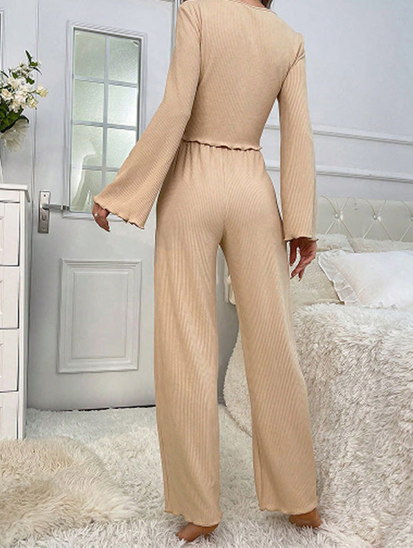 Casual Solid Color Long Sleeve Top & Pants Two Sets