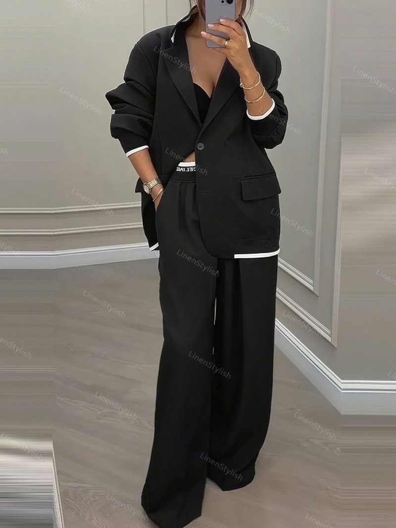 Casual Contrast Wide Leg Pants Suit