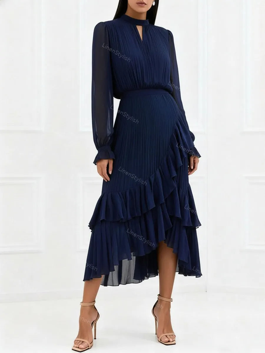 Solid Ruffle Pleated Elegant Dress