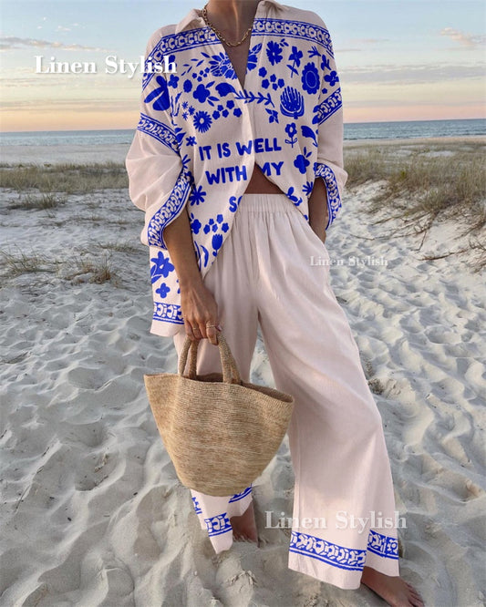 Casual Floral Print Shirt & Pants Two-piece Set