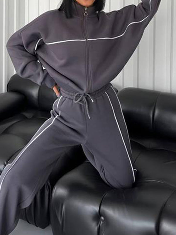 Stylish Striped Turtleneck Long-Sleeved Hoodie & Pants Two-Piece Set