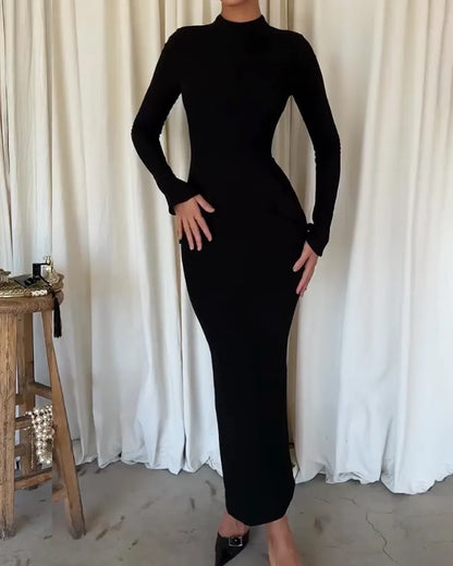 Fashion Solid Color Half High Collar Long Sleeve Dress