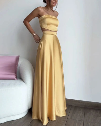Elegant Strapless & Lace-Up Two-Piece Skirt Set