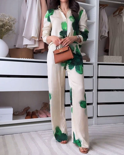 Fashion Printed Lapel Shirt & Pants Two-Piece Set
