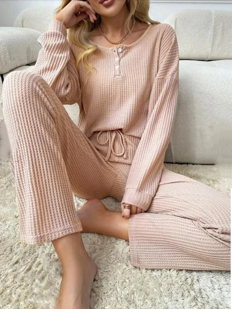 Solid Color Casual Long Sleeve Blouse & Long Pants Pajamas Two-Piece Sets