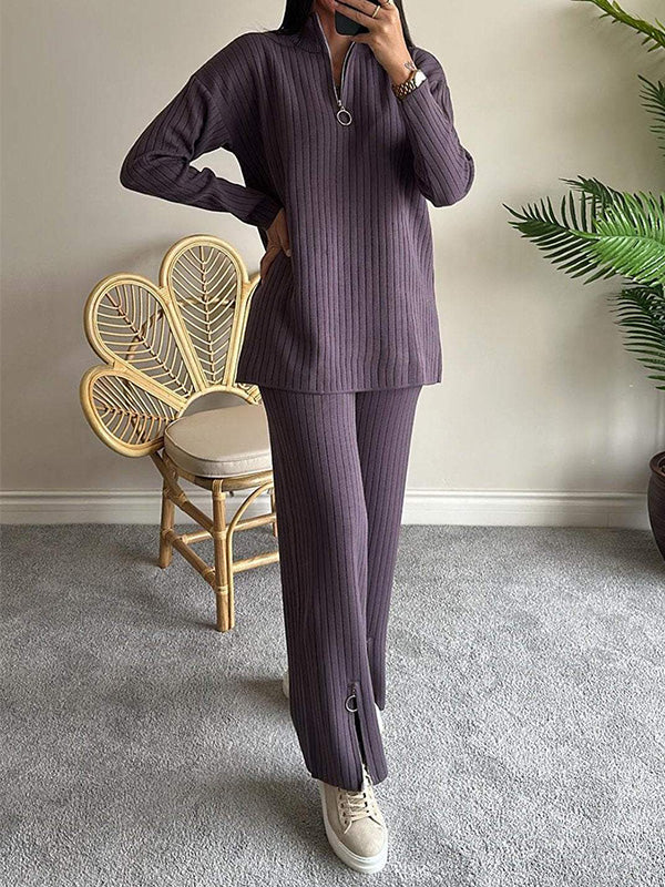 Stylish Loose Solid Color Zip Set