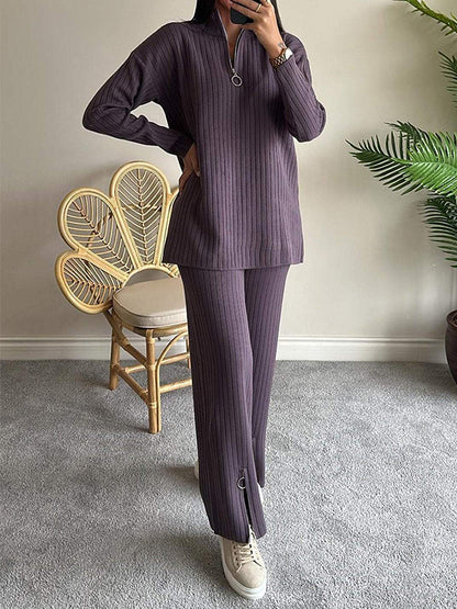 Stylish Loose Solid Color Zip Set
