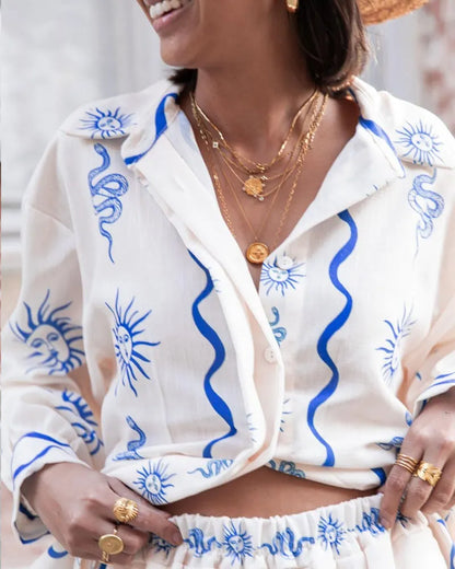 Fashion Print Linen Casual Shirt Cardigan Shorts