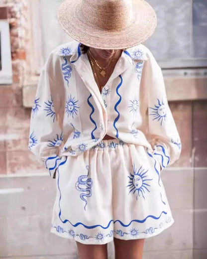 Fashion Print Linen Casual Shirt Cardigan Shorts