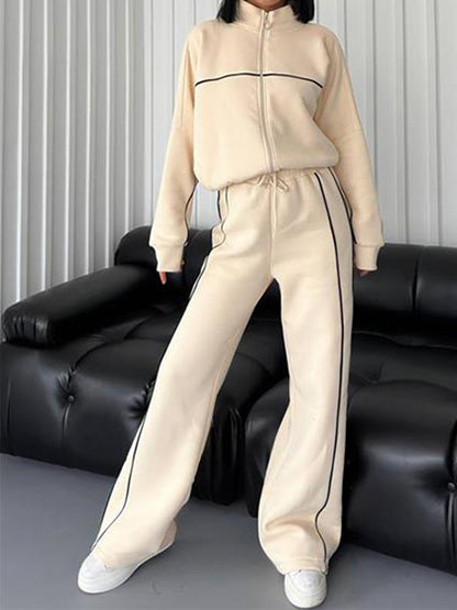 Stylish Striped Turtleneck Long-Sleeved Hoodie & Pants Two-Piece Set