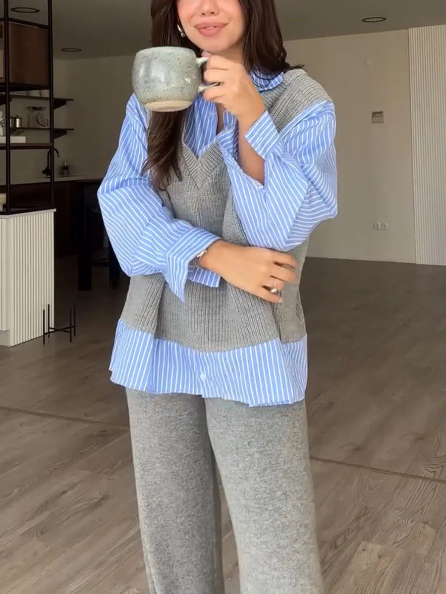 Striped shirt knitted fake two-piece set