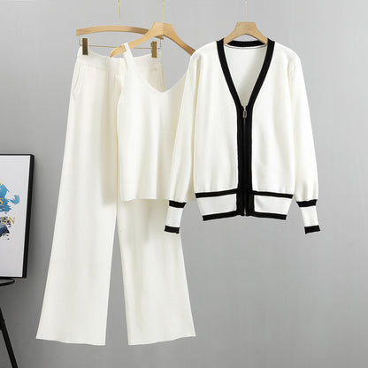 Knitted cardigan suspender wide-leg pants three-piece set