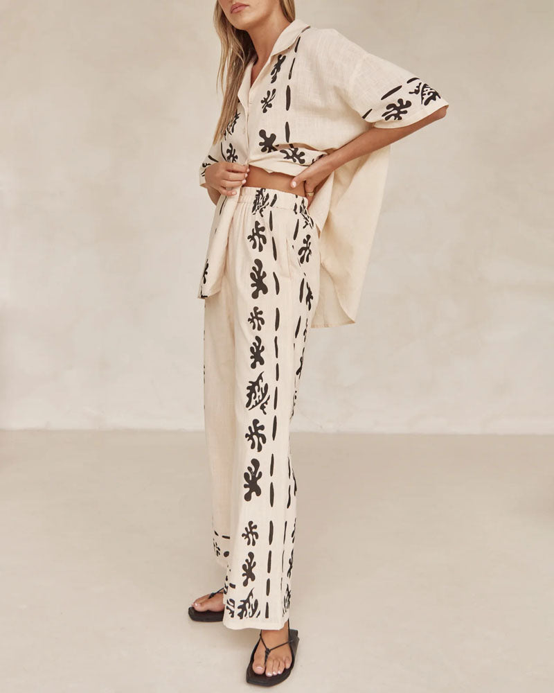Casual Lapel Printed Shirt & Pants Two-Piece Set