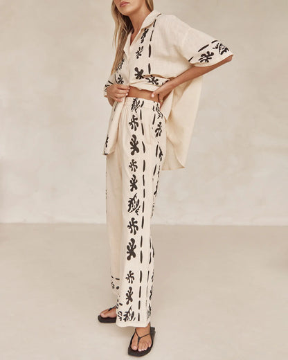 Casual Lapel Printed Shirt & Pants Two-Piece Set
