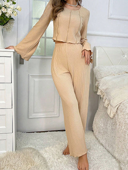Casual Solid Color Long Sleeve Top & Pants Two Sets
