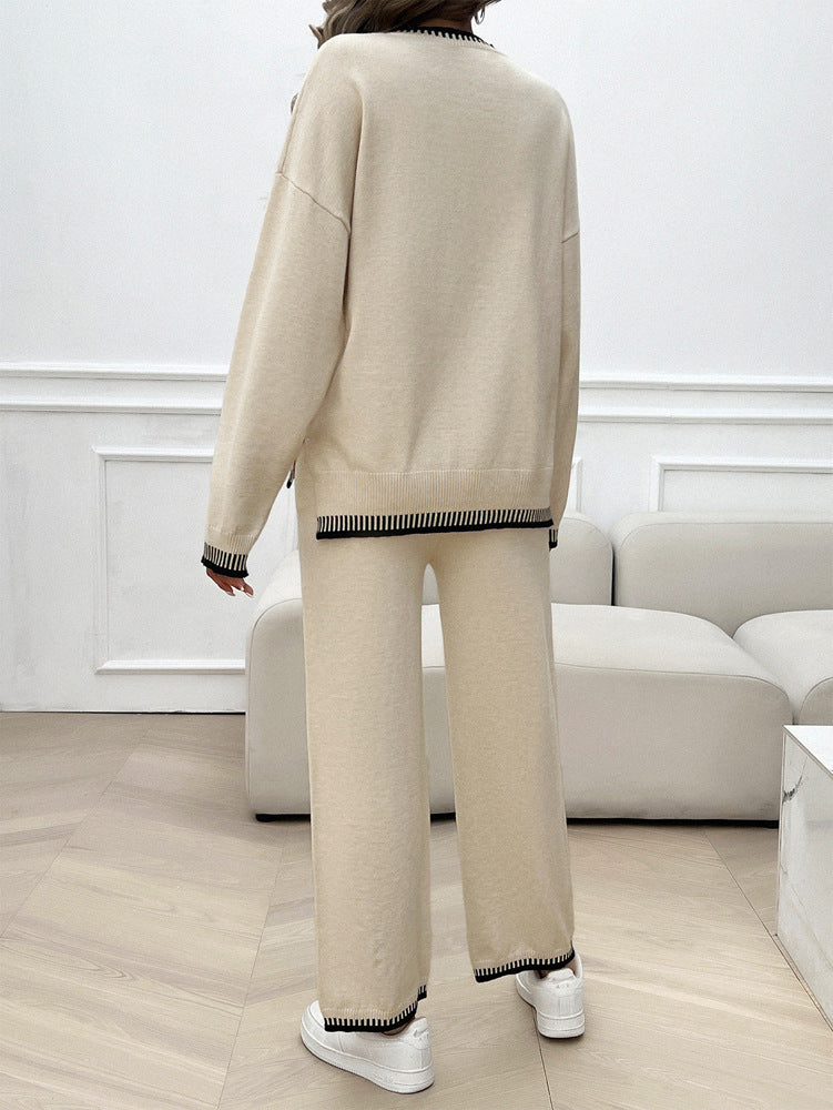 Solid Color Casual Color Matching Knit Sweater & Pant Suit