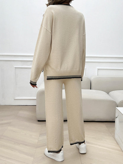 Solid Color Casual Color Matching Knit Sweater & Pant Suit