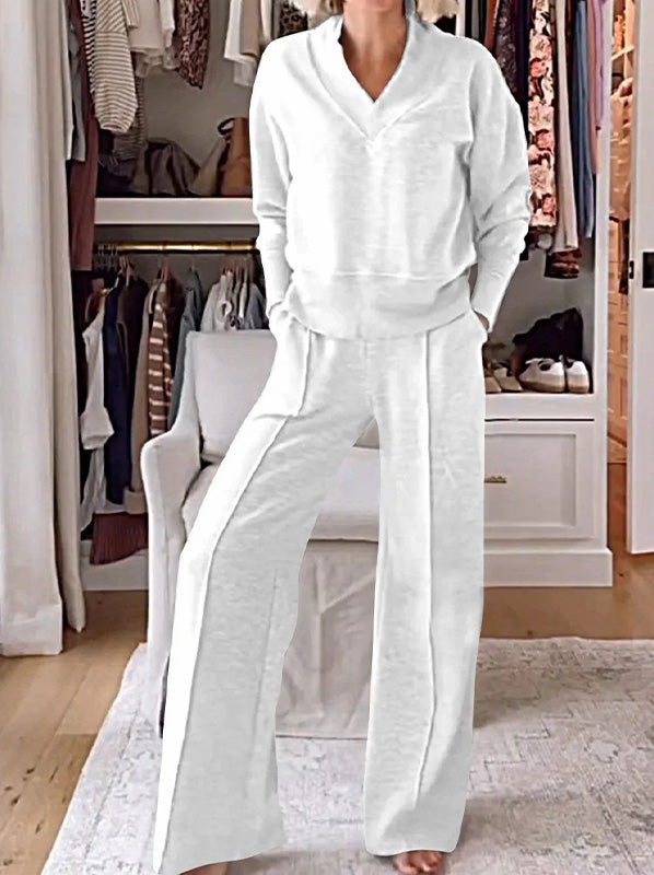 Casual V-Neck Long Sleeve Top & Wide Leg Pants Two Piece Set