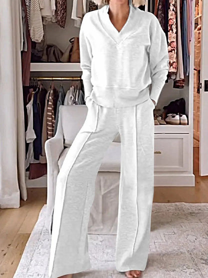 Casual V-Neck Long Sleeve Top & Wide Leg Pants Two Piece Set