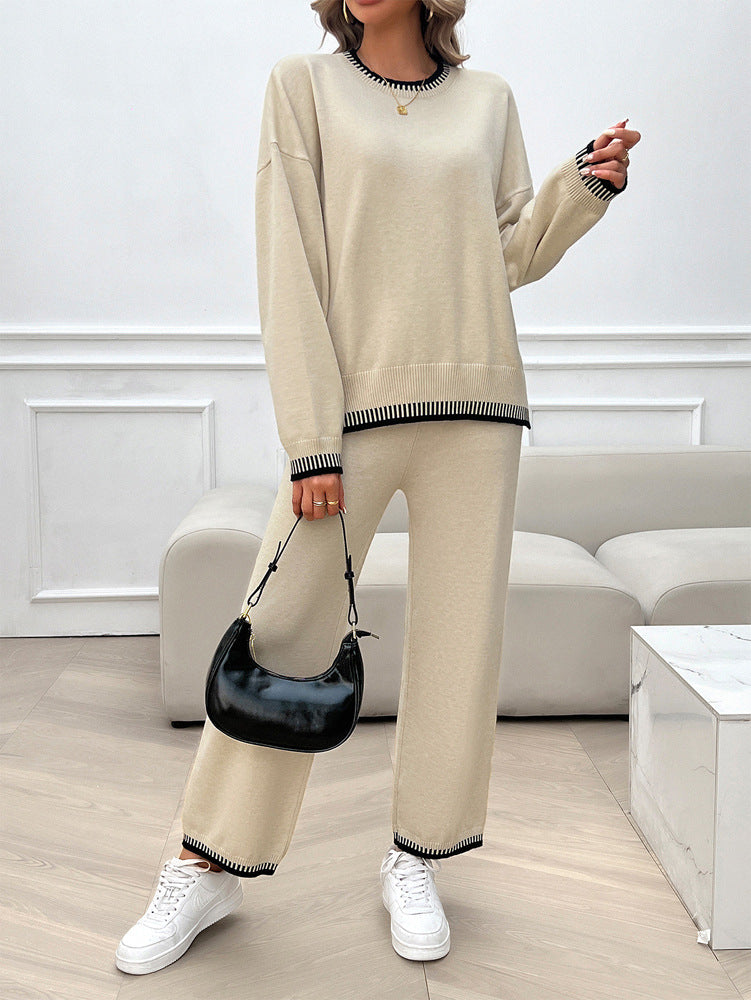 Solid Color Casual Color Matching Knit Sweater & Pant Suit