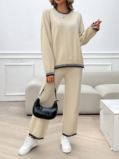 Solid Color Casual Color Matching Knit Sweater & Pant Suit
