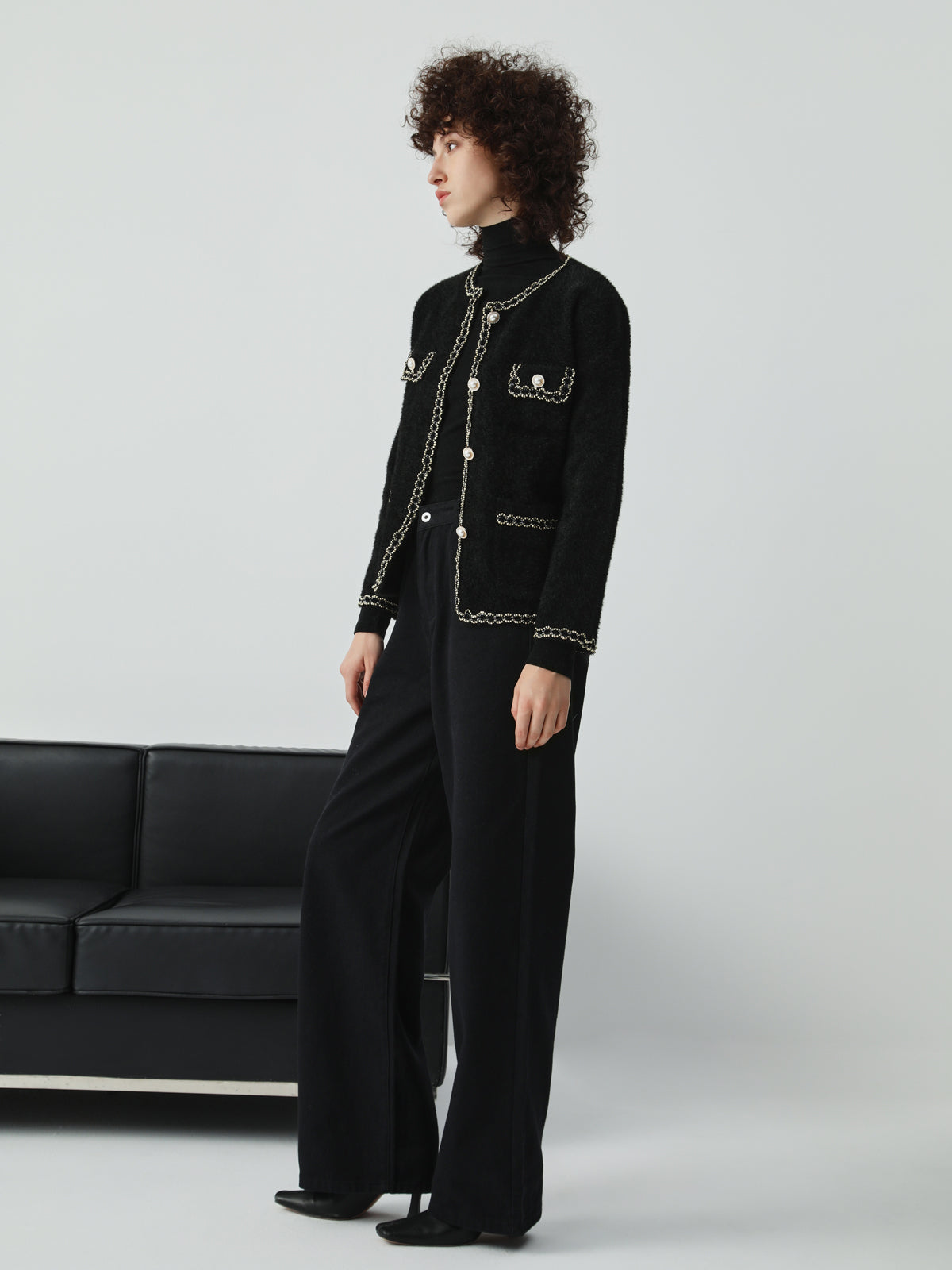 Pearl Button Contrast Trim Fuzzy Cardigan