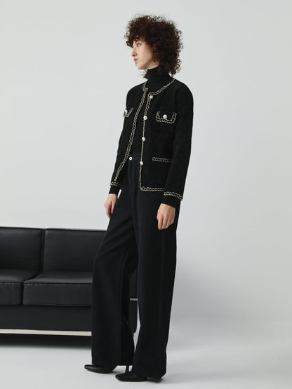 Pearl Button Contrast Trim Fuzzy Cardigan