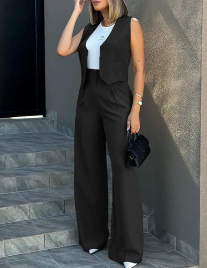 Fashion Solid Color Vest & Wide Leg Pants Two-Piece