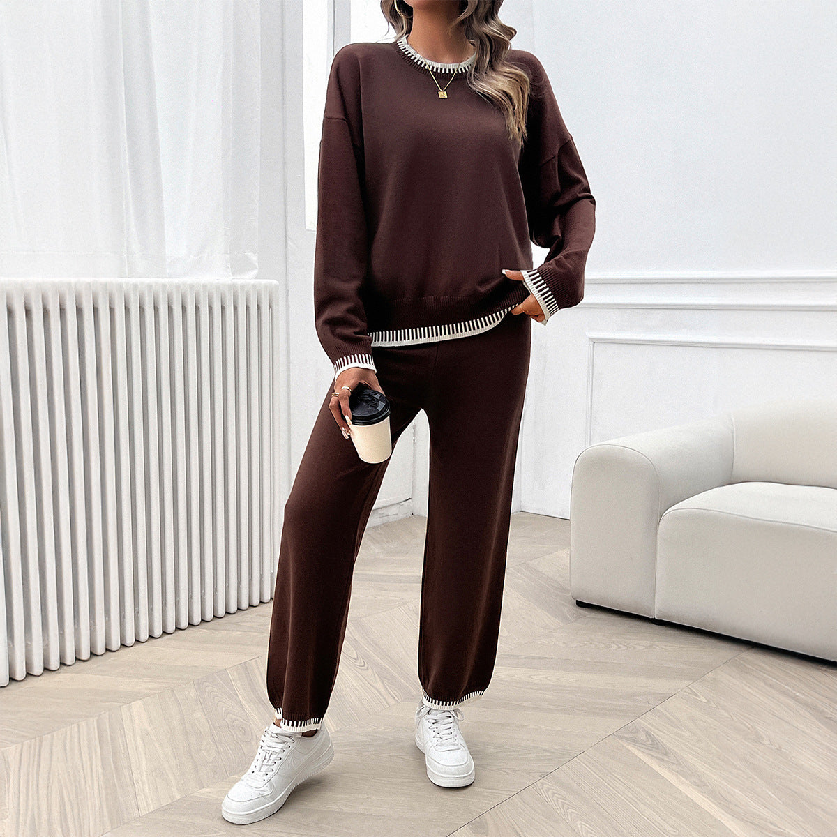 Solid Color Casual Color Matching Knit Sweater & Pant Suit