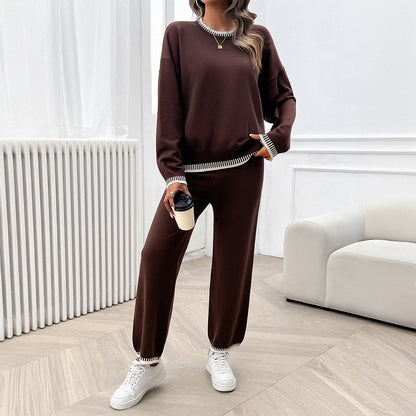 Solid Color Casual Color Matching Knit Sweater & Pant Suit