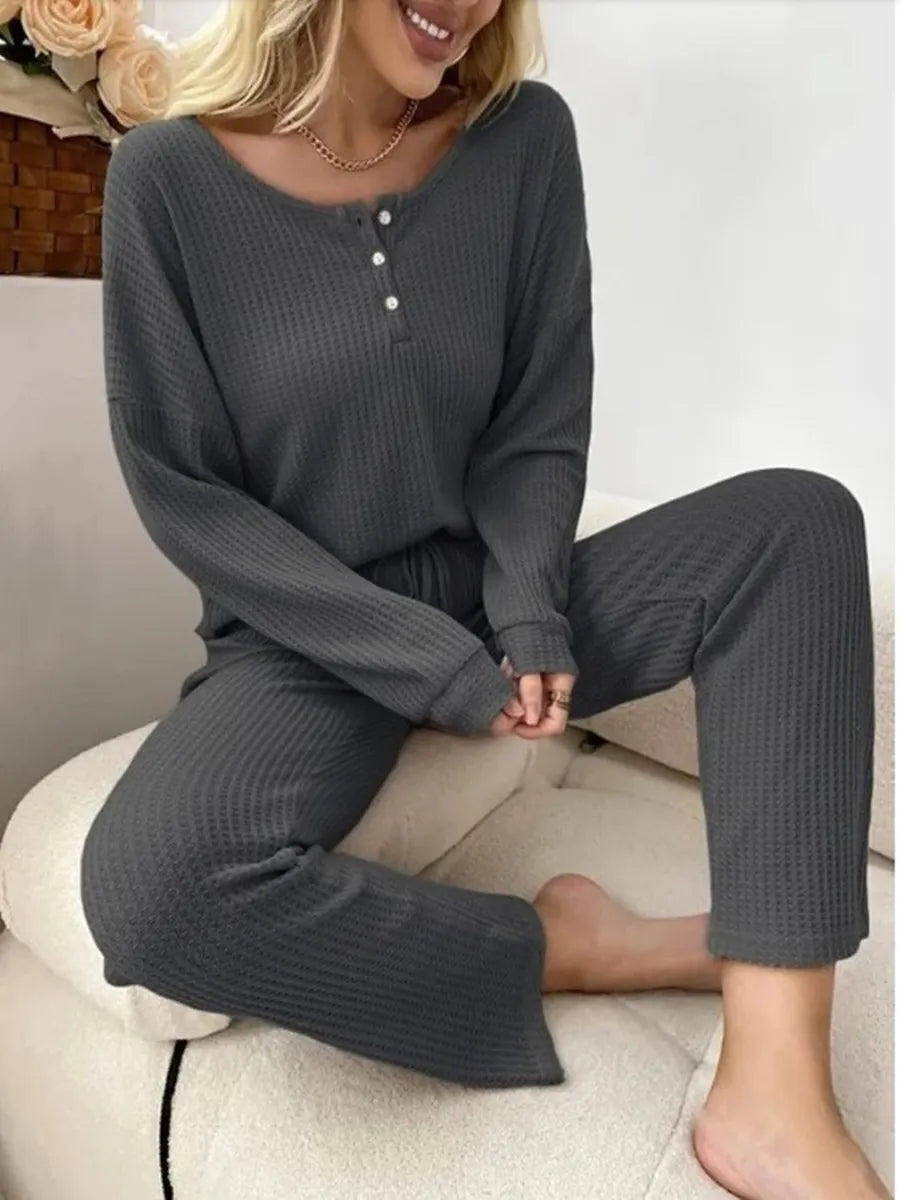 Solid Color Casual Long Sleeve Blouse & Long Pants Pajamas Two-Piece Sets