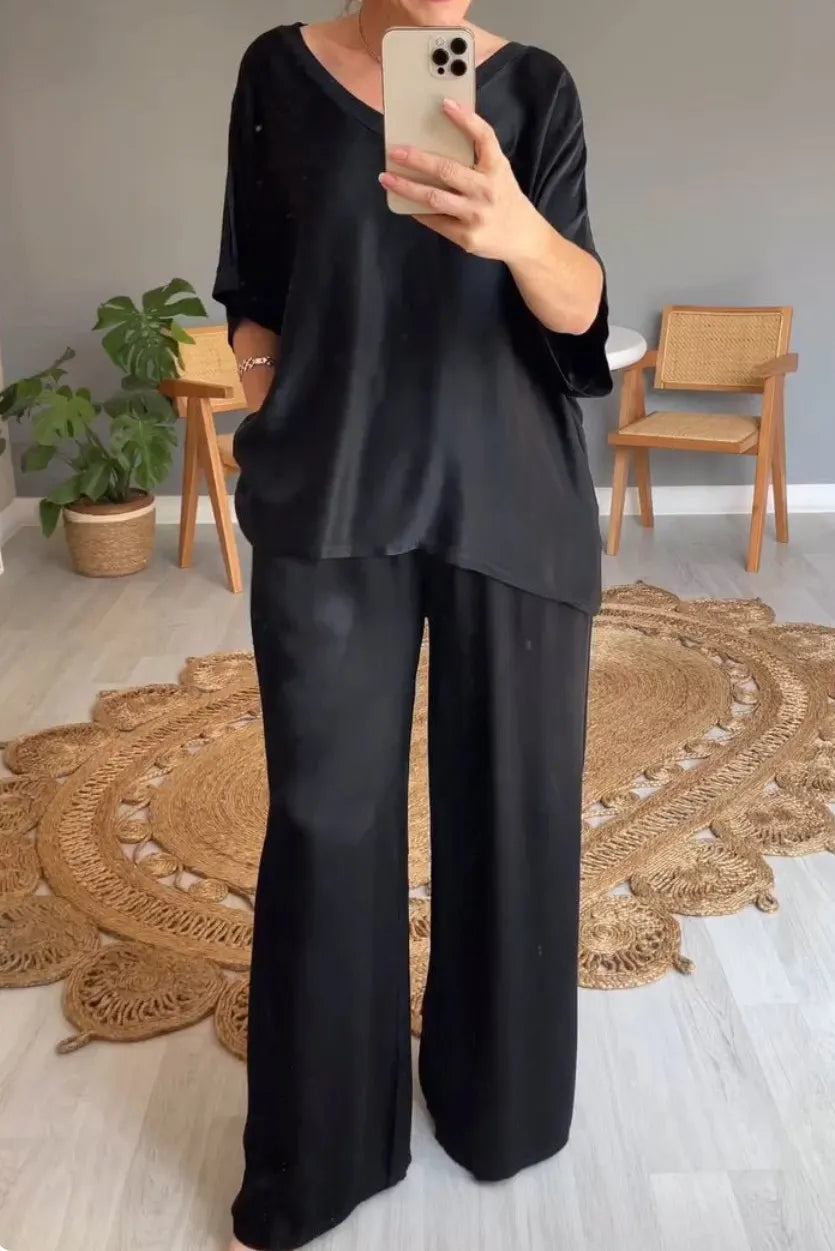 Fashion Solid Color Mercerized V-neck Casual Suit