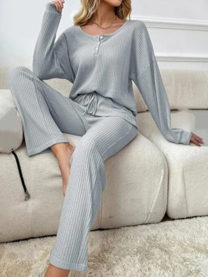 Solid Color Casual Long Sleeve Blouse & Long Pants Pajamas Two-Piece Sets