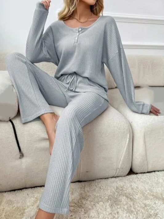 Solid Color Casual Long Sleeve Blouse & Long Pants Pajamas Two-Piece Sets