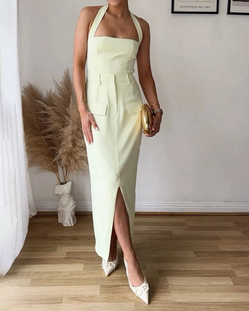 Fashion Solid Color Halter Vest & Split Skirt Two-Piece Set