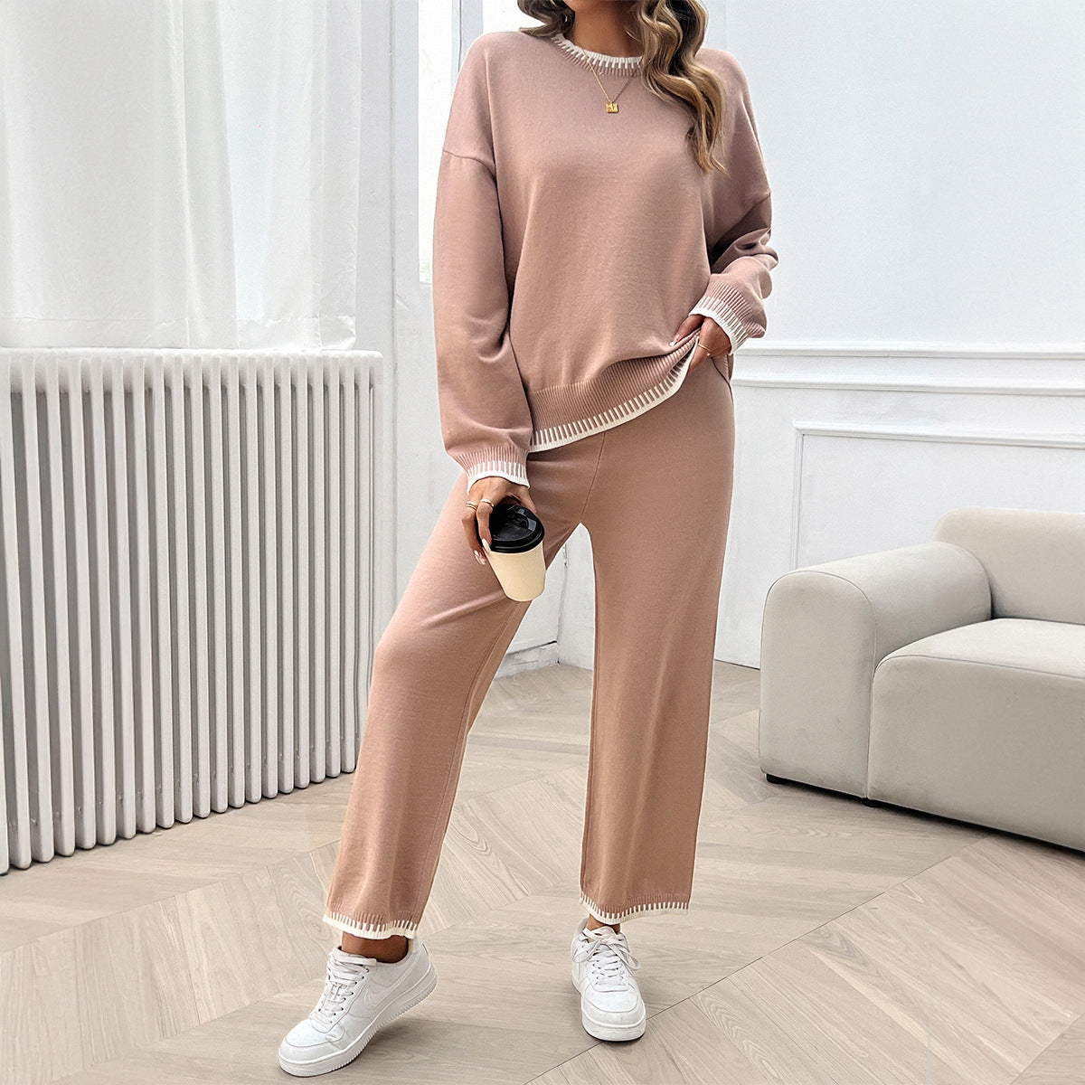 Solid Color Casual Color Matching Knit Sweater & Pant Suit