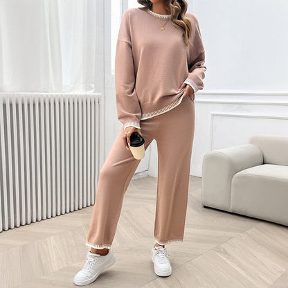 Solid Color Casual Color Matching Knit Sweater & Pant Suit