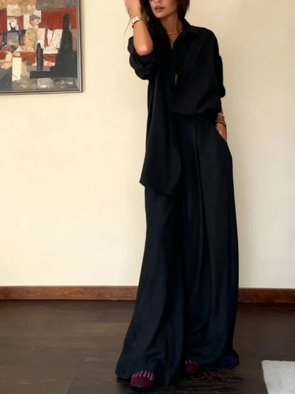 Fashion Solid Color Comfortable Shirt & Pants Two-piece Set