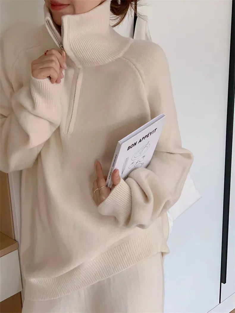 Casual Lapel  Sweater and Wide-leg Pants Two-piece Suit