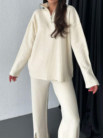Stylish Loose Solid Color Zip Set