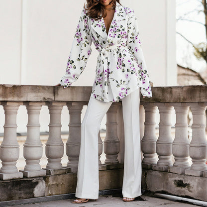 Stylish Suit V-Neck Lace-Up Printed Jacket