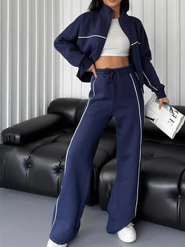 Stylish Striped Turtleneck Long-Sleeved Hoodie & Pants Two-Piece Set
