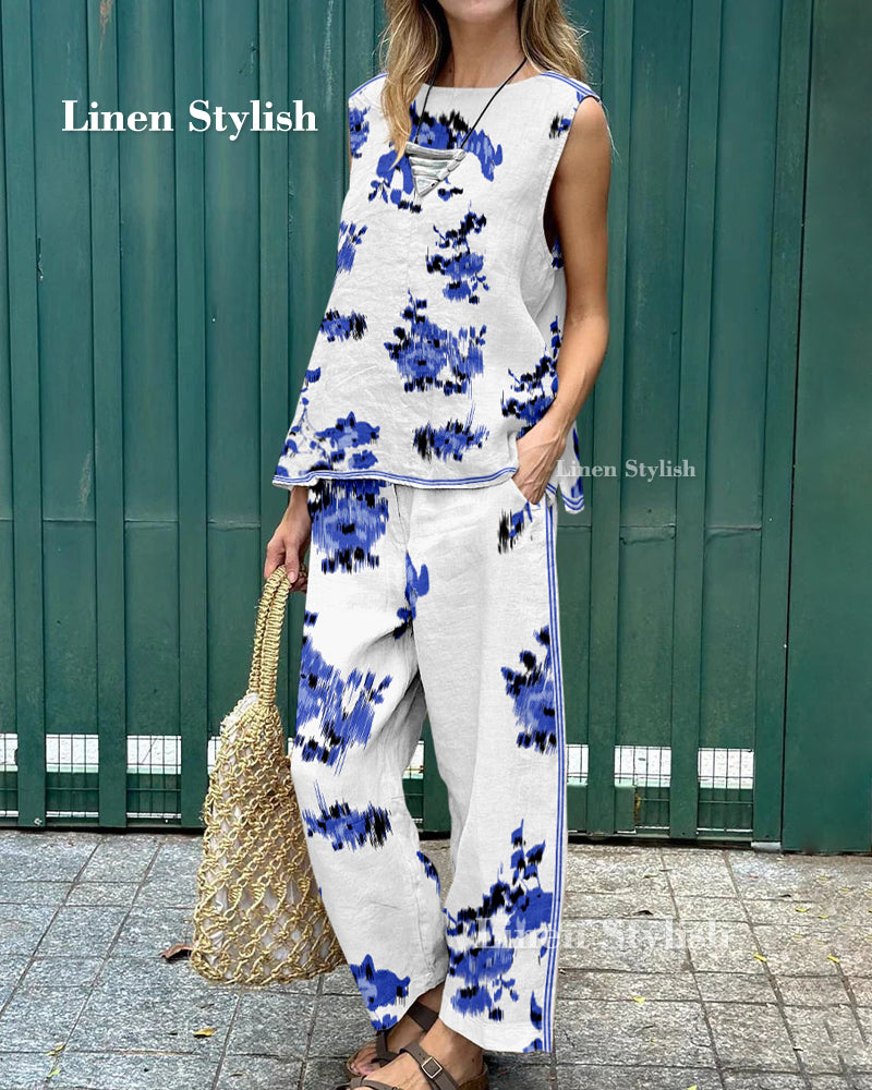 Art Abstract Print Sleeveless Top & Pants Two-Piece Set