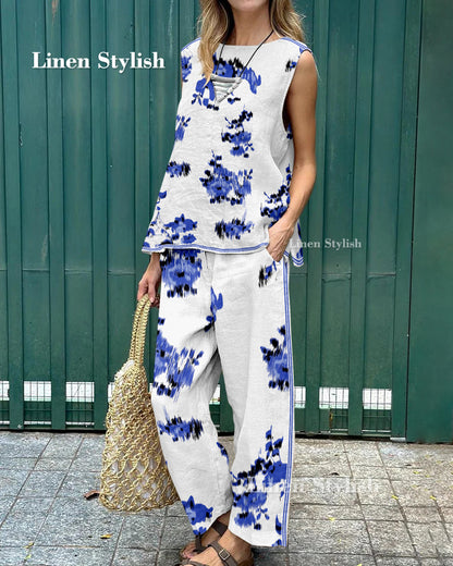 Art Abstract Print Sleeveless Top & Pants Two-Piece Set