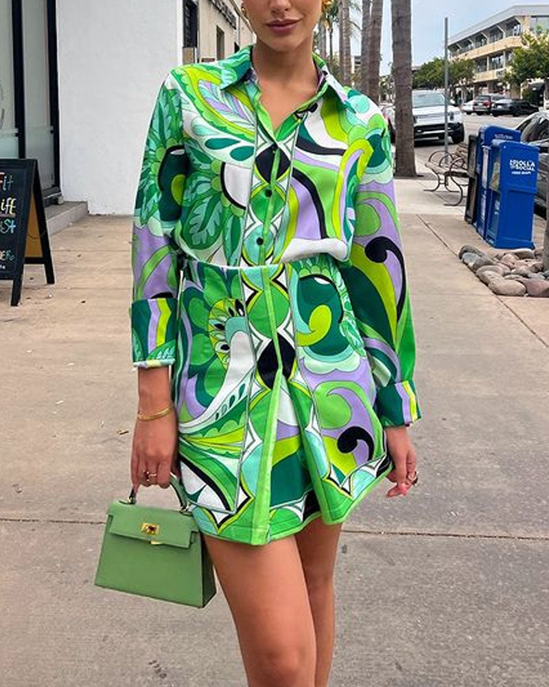 Fashion Print Lapel Shirt Suit