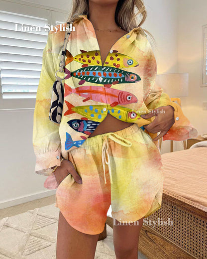 Fun Colorful Fish Print Shirt & Shorts Two-Piece Set