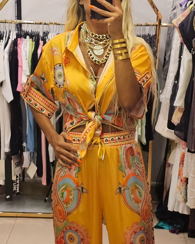Fashion Printed Short Sleeve Shirt & Pants Two-piece Set