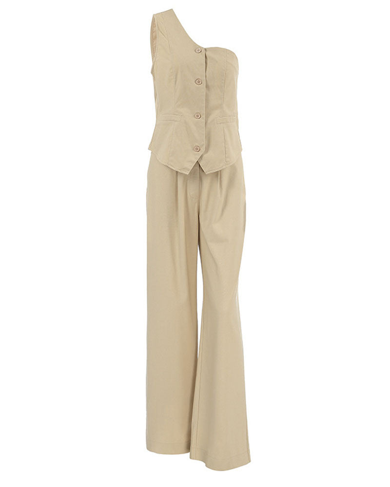 Fashion Khaki Shoulder Cotton And Linen Vest & Trousers Two-Piece Set